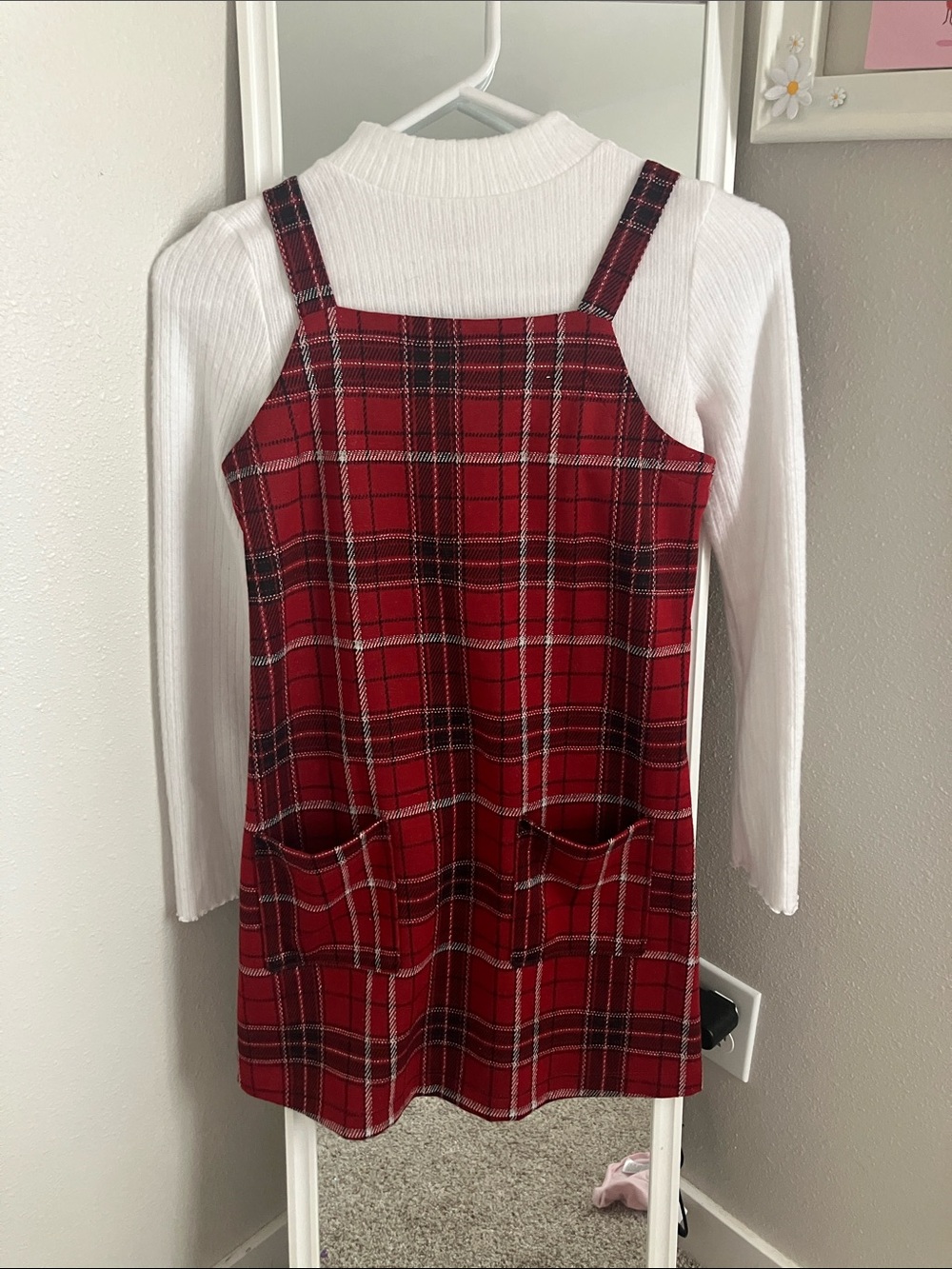Sonoma Red Plaid Pinafore Dress with Pockets